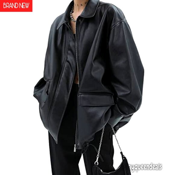 Oversized Faux Leather Blazer Jacket Long Sleeve Button Down Vintage Streetwear